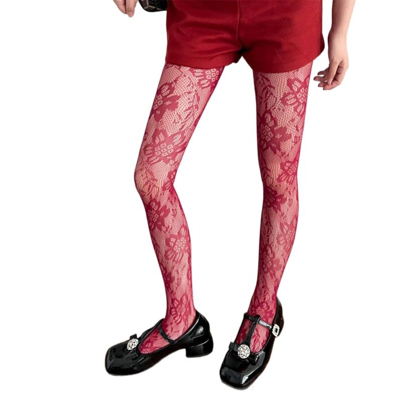 Damen Sexy Ausgeschnittene Durchsichtige Fischgrät-Strumpfhosen Ästhetische Vintage Blumenmuster-Leggings Farbige Netz-Spitzenstrumpfhosen
