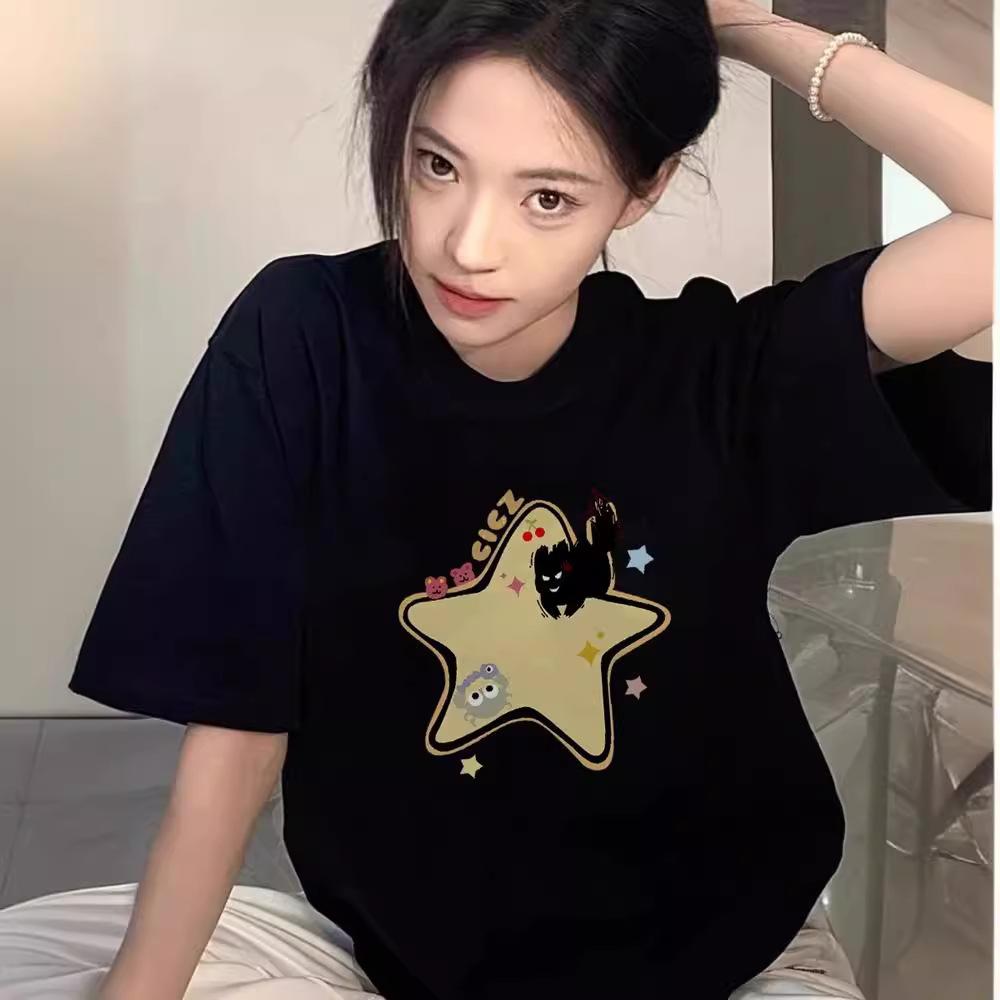 Large size fat sister pure cotton American front shoulder short-sleeved t-shirt women's summer niche design sense high street top season ins trendy