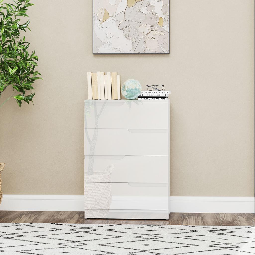 Modern and Minimal 4-Drawer Wooden Dresser, 60x40x85 cm, Glossy White