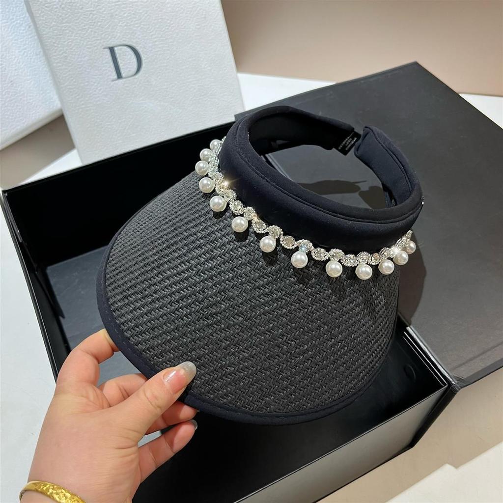 Light Luxury Pearl Rhinestone Empty Top Hat Women's Summer Outdoor Travel Light Big Brim Vinyl Sun Hat