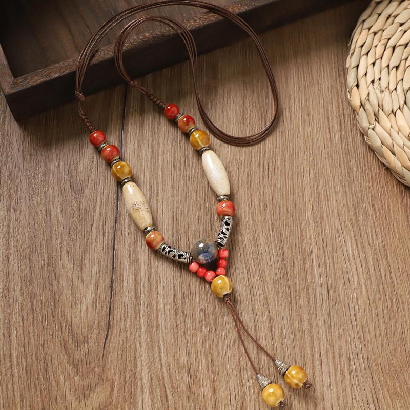 Retro Ceramic Beaded Necklace for Women, Handmade Long Sweater Chain, Ethnic Vintage Chinese Style Jewelry