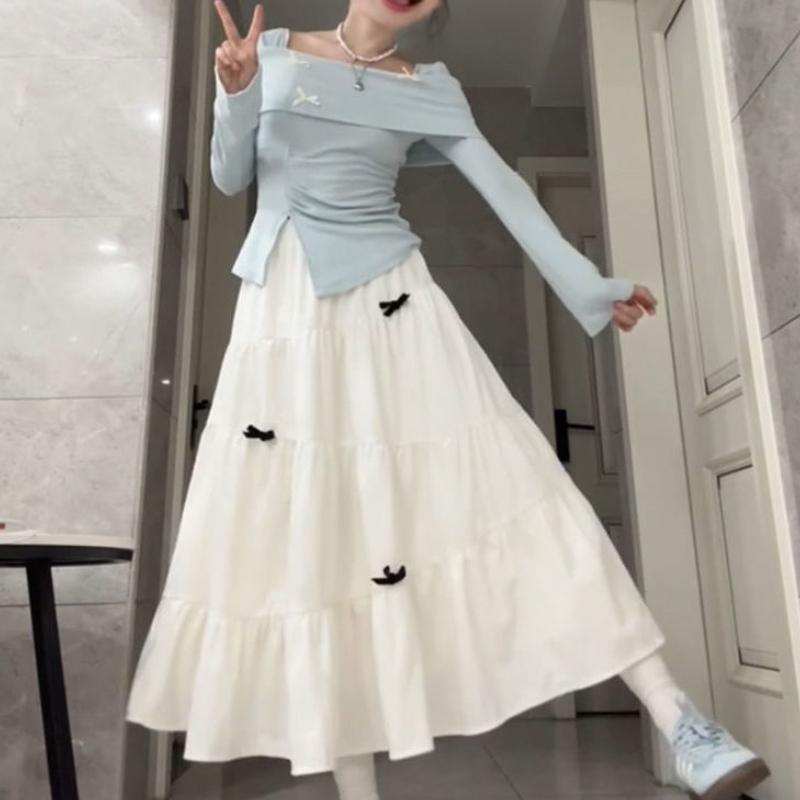 Women's White High-Waist A-Line Umbrella Skirt with 3D Bow - Tiered Cake Design for Spring/Autumn - Slim-Fit Elegant Style