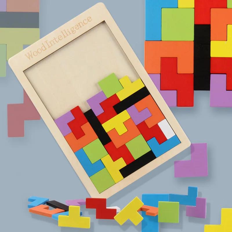 3D Wooden Puzzle Toy Color Shape Cognition Brain Games for Children Wood Jigsaw Puzzles Toys Tangrams for Children Kids