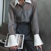 Autumn New Workplace Style Retro Fashion Patchwork Turn-Down Collar Blouse Niche Sheer Sexy Top