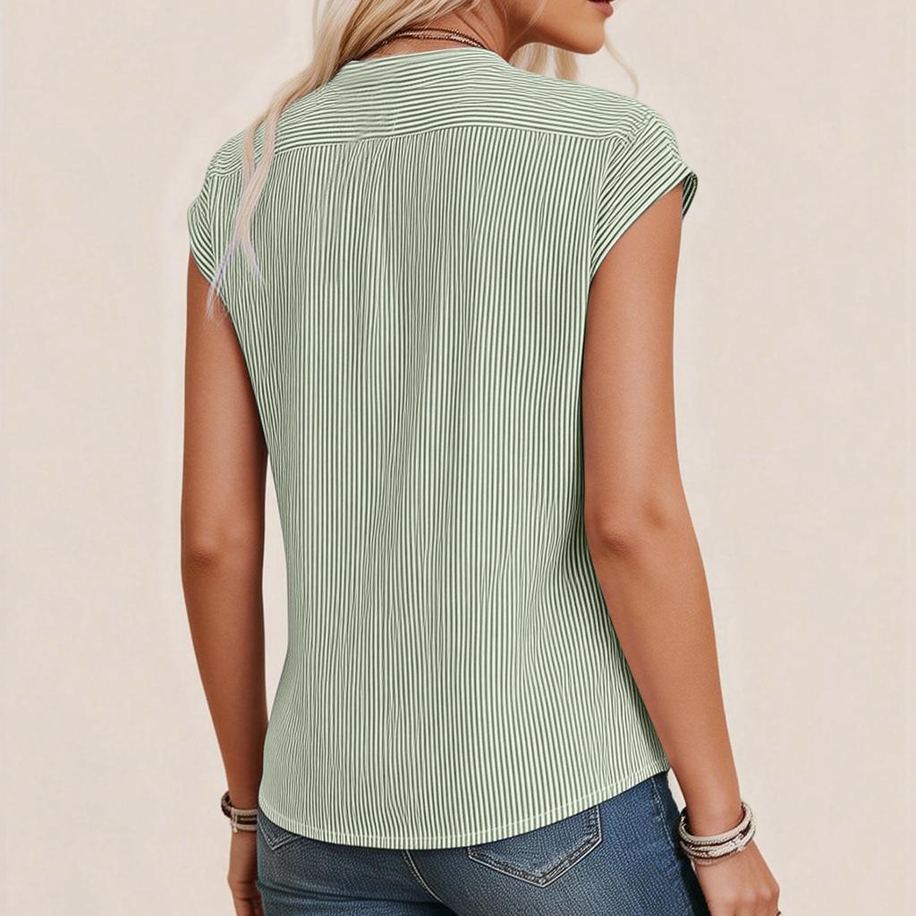 Women's Fashionable Casual Summer Striped V-neck Short-sleeved Top