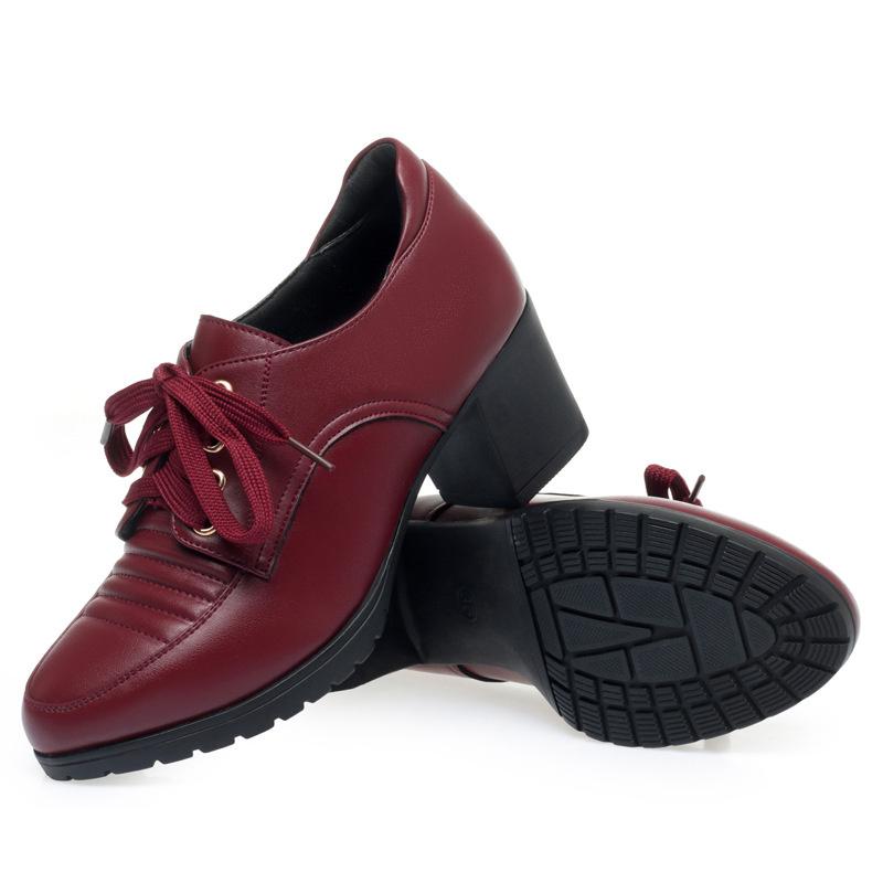 Spring Comfort Soft Leather Shoes Women'S Platform Pumps Lace Up Block Med Heels Shoes Oxfords For Office Mom Work