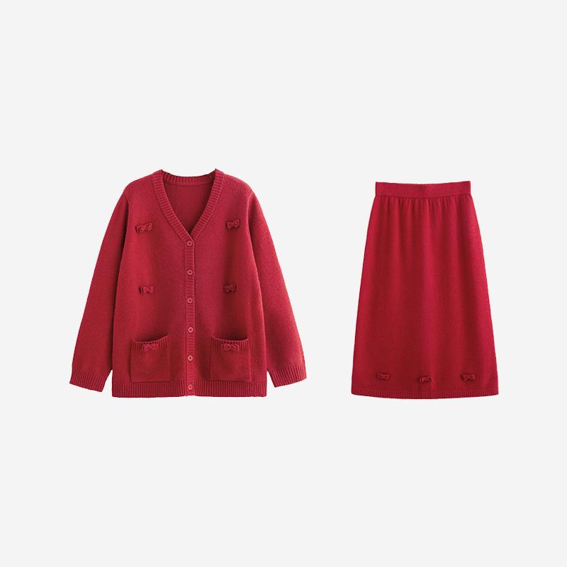 

Женский Элегантный Кардиган с Бантом и Комплект из Полуюбки Большого Размера - Зимняя Вязаная Одежда 2025 XL (60-75 kg) красный