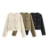 Women Fashion Autumn Winter Single-breasted Textured Round Neck Flip Pocket Short Jacket Coat Chic Ladies Tops Mujer
