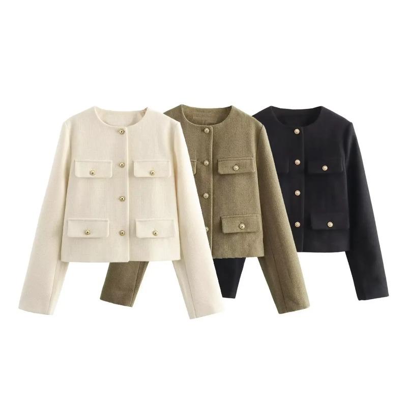 Women Fashion Autumn Winter Single-breasted Textured Round Neck Flip Pocket Short Jacket Coat Chic Ladies Tops Mujer