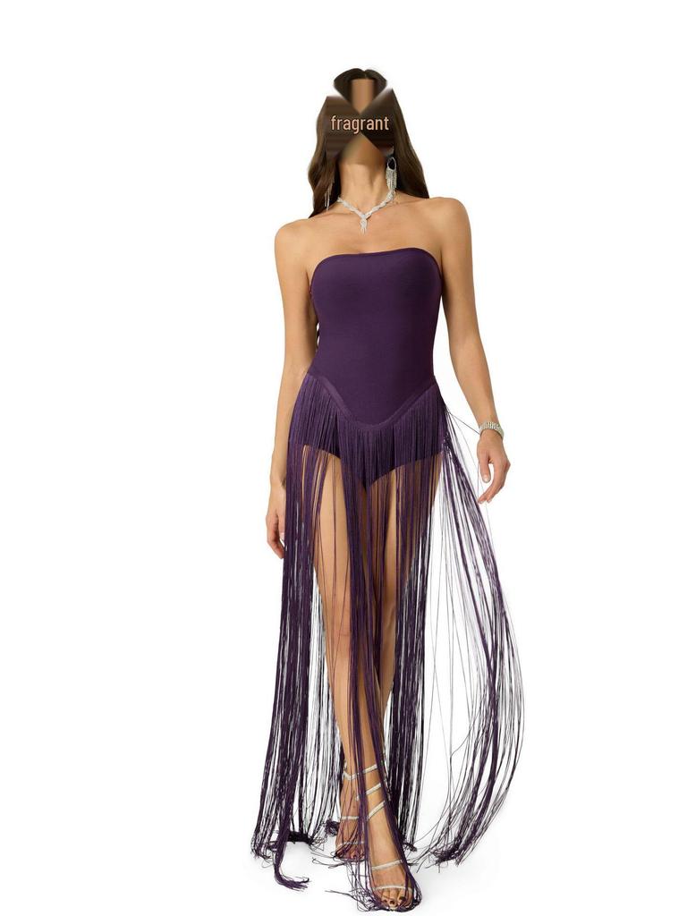 European & American Style Tassel Patchwork Strapless Jumpsuit Dress