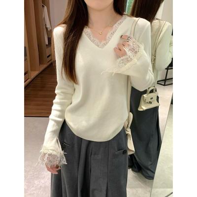 Niche Flared Sleeve Neck Lace Top Women's Bottom Shirt Autumn and Winter Versatile Design Sense Knitted Sweater Inside