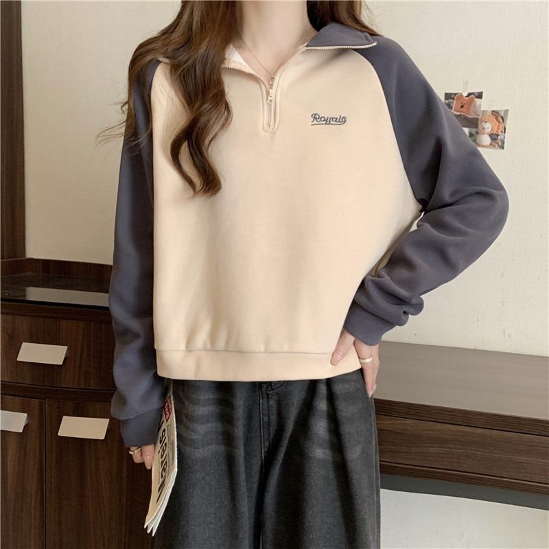 Real Shot Wind Half Zipper Lo Collar Contrasting Color Embroidered Letter Sweater Women's Thin Loose Top