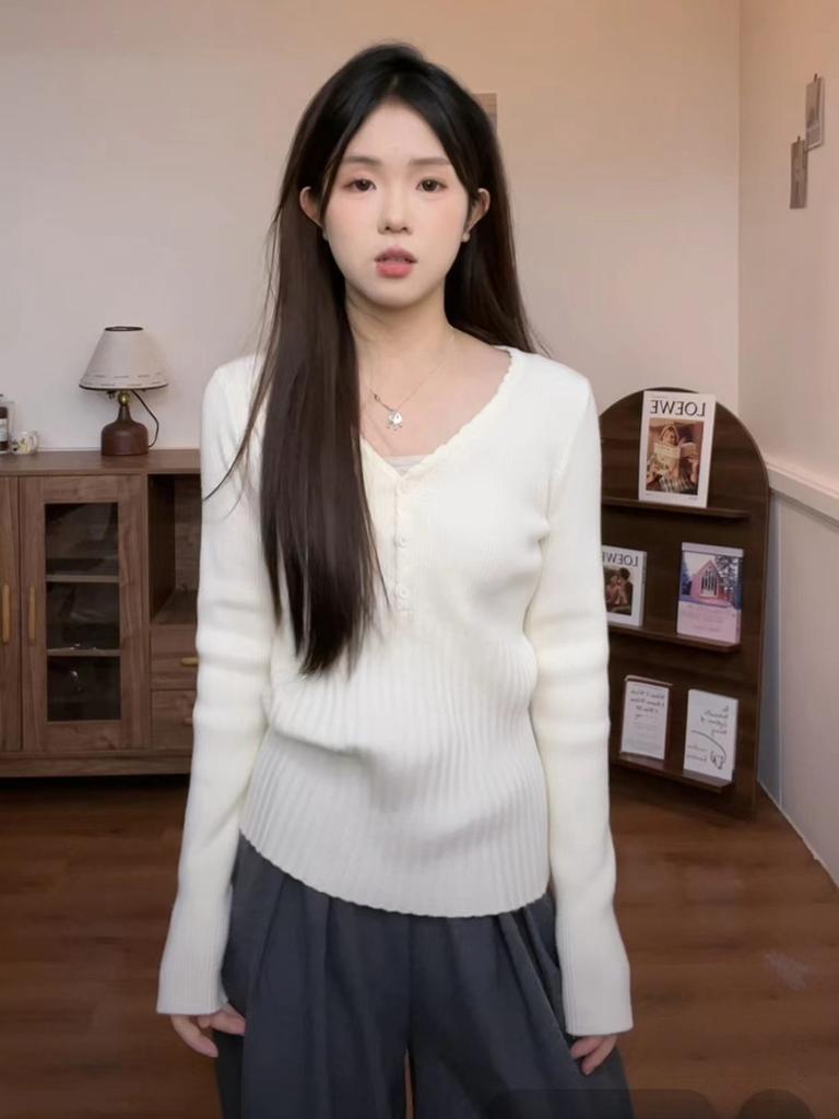 Gentle Wind Collar Button Slim-fit Knitted Bottoming Shirt Women's Spring Pit Strip Inner Top Sweater