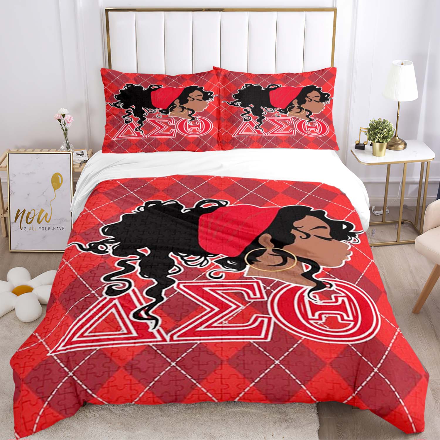

Red and White Greek Letter Print Bedding Set, Sorority Inspired Bed Linen Duvet Cover Set(1 * duvet cover + 2 * pillowcase, without core) 135x200cm