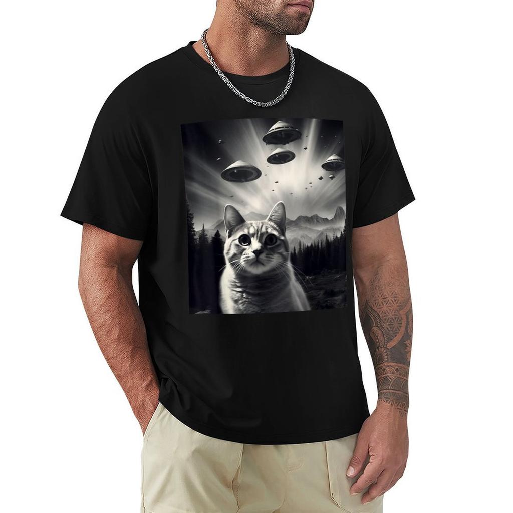 Funny Cat Selfie With Ufos Tshirt Casual Soft Cotton Short Sleeve Tee