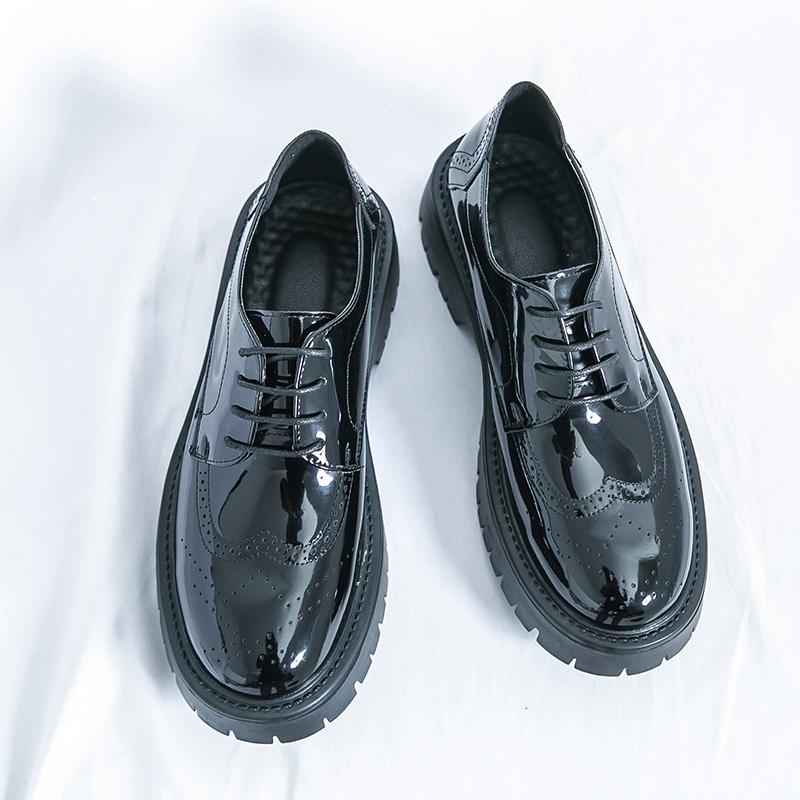 Men's Business Casual Leather Shoes Classic Black Block Leather Shoes Men Thick Sole Elevated Shoes Casual Lace Up Leather Shoes