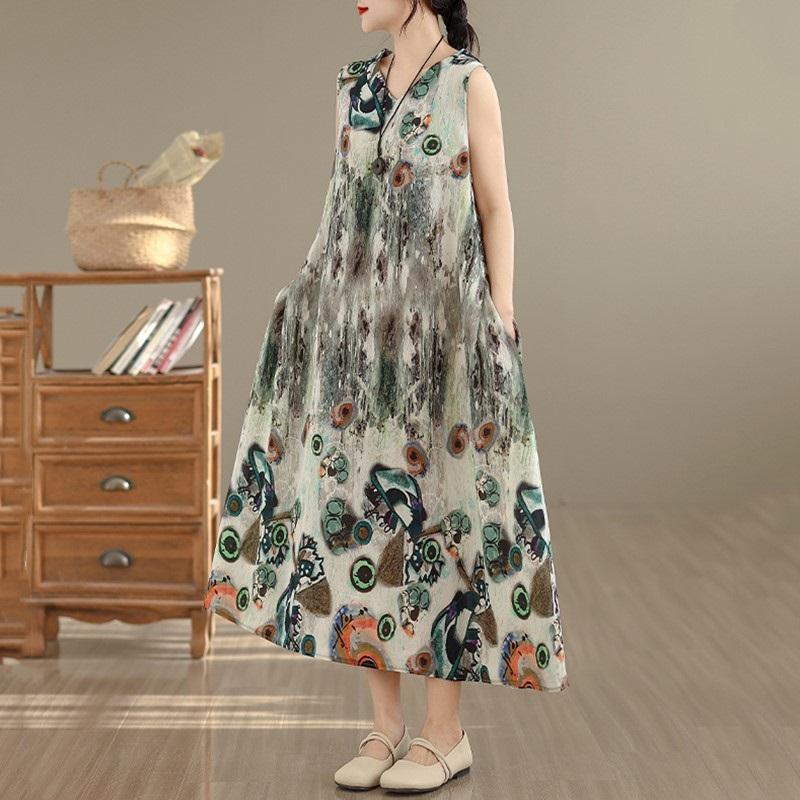 Sleeveless Plus Size Cotton Vintage Floral New In Dresses for Women Casual Loose Long Summer Dress