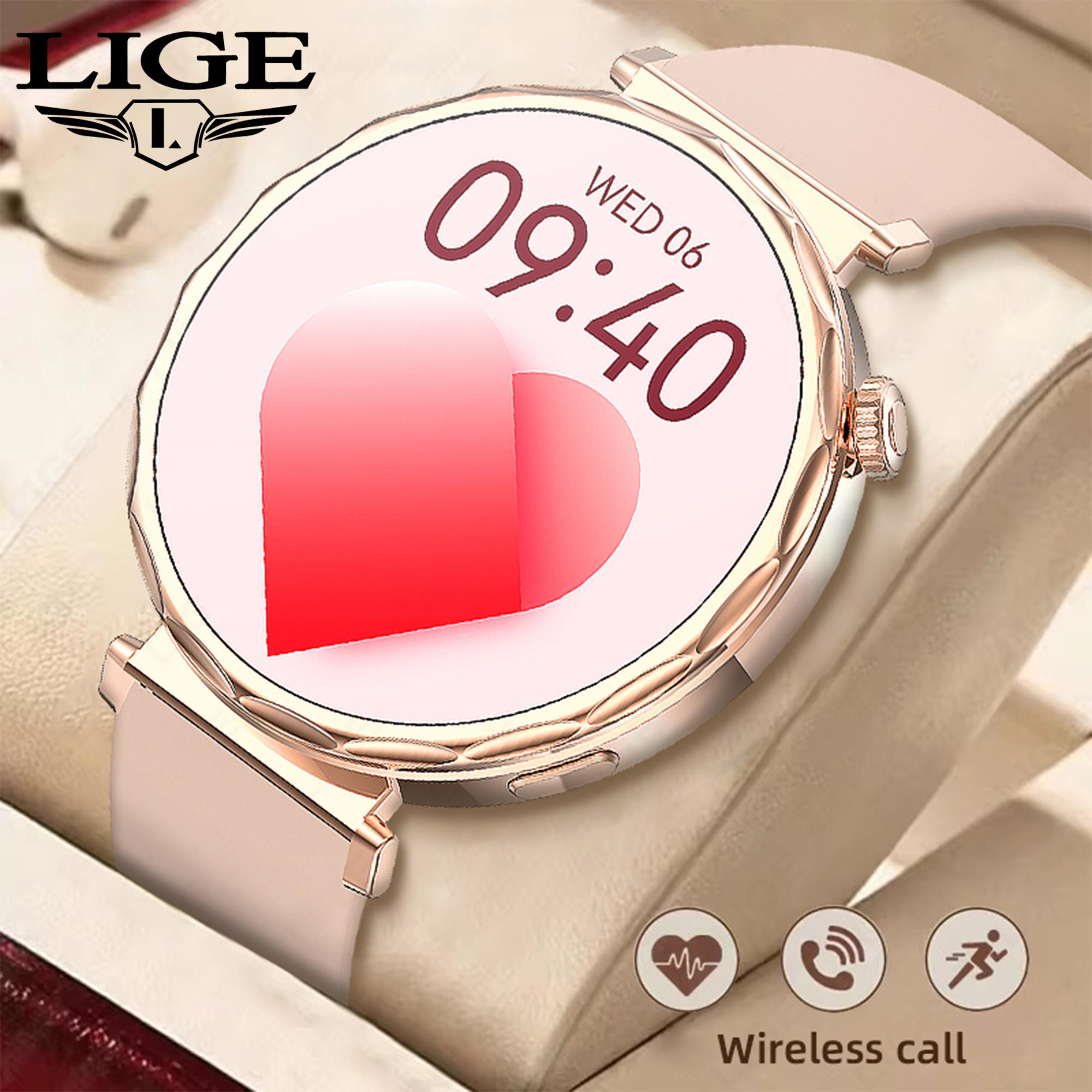 

LIGE New Smart Watch Women Full Circle Touch Screen Bluetooth Call Waterproof Sport Activity Fitness Smartwatch Ladies Gift leather strap срібний
