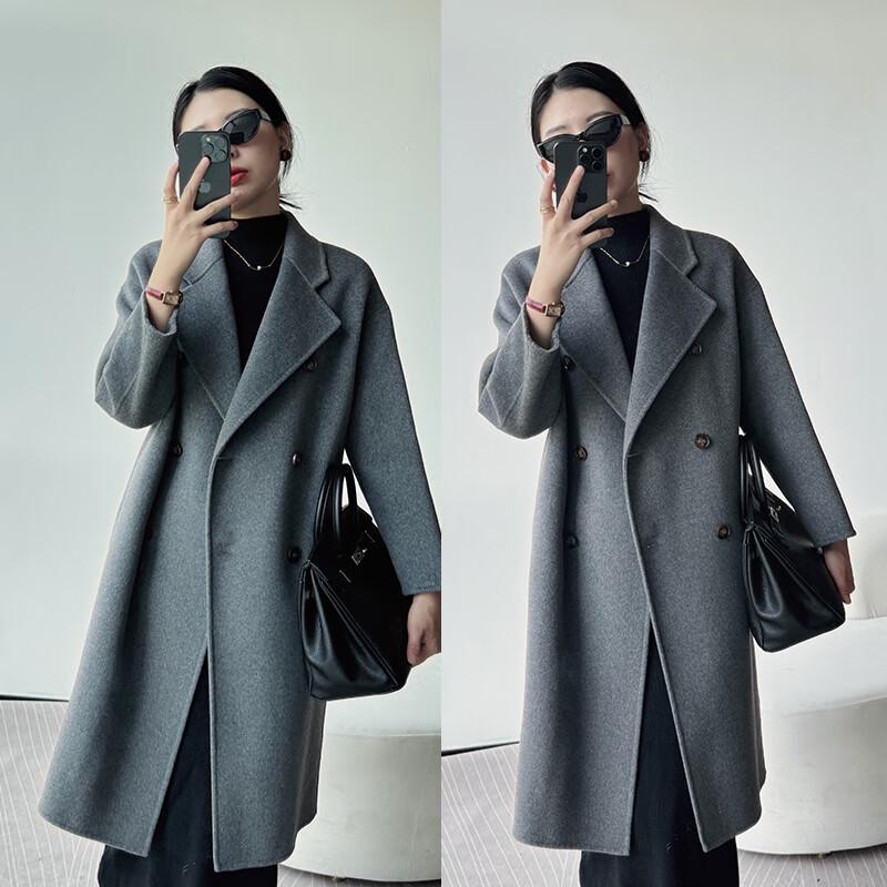 VICTORIA&VERA Women's Elegant Double-Breasted Mid-Length Wool Blend Coat