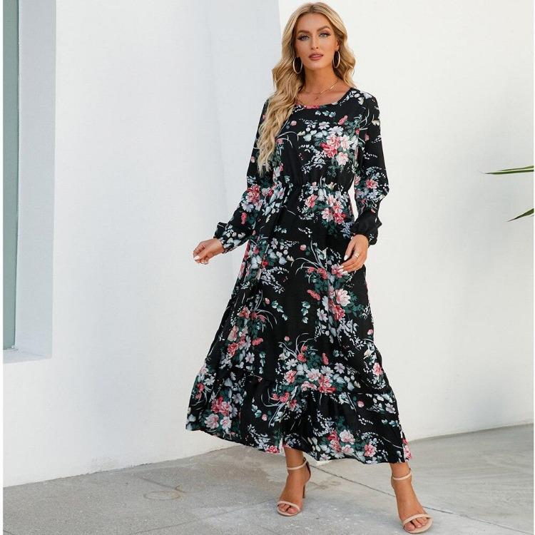 Damen Böhmisches Langes Maxi-Kleid Muslimisch Lässig Sommer Frühling Einfarbig Lange Ärmel Rundhals Weibliche Kleider Dropshipping