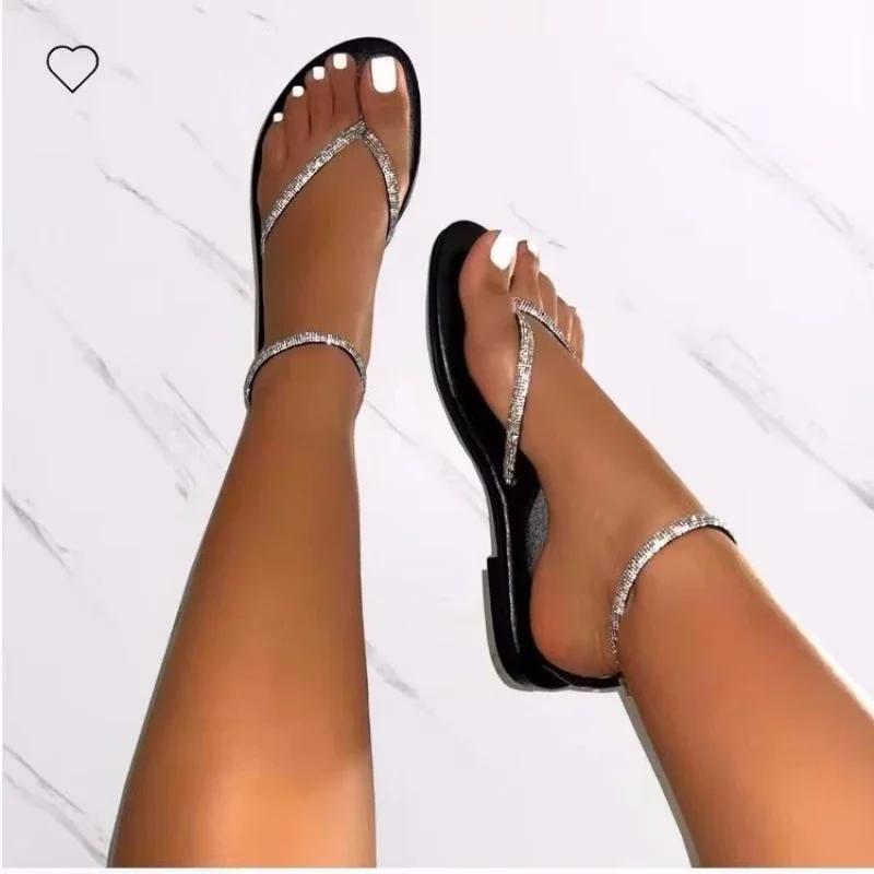 Fashion 2025 Summer Hot Sale Ankle Strap Women's Sandals Flip Flops Fashion Round Toe Flat with Bling Rome Sandals Beach Daily Plus Size