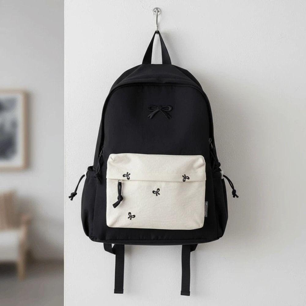 Daypack Canvas Bow Backpack Casual Embroidered Students School Bag Contrast Color Scratch Prevention Large Capacity Backpack