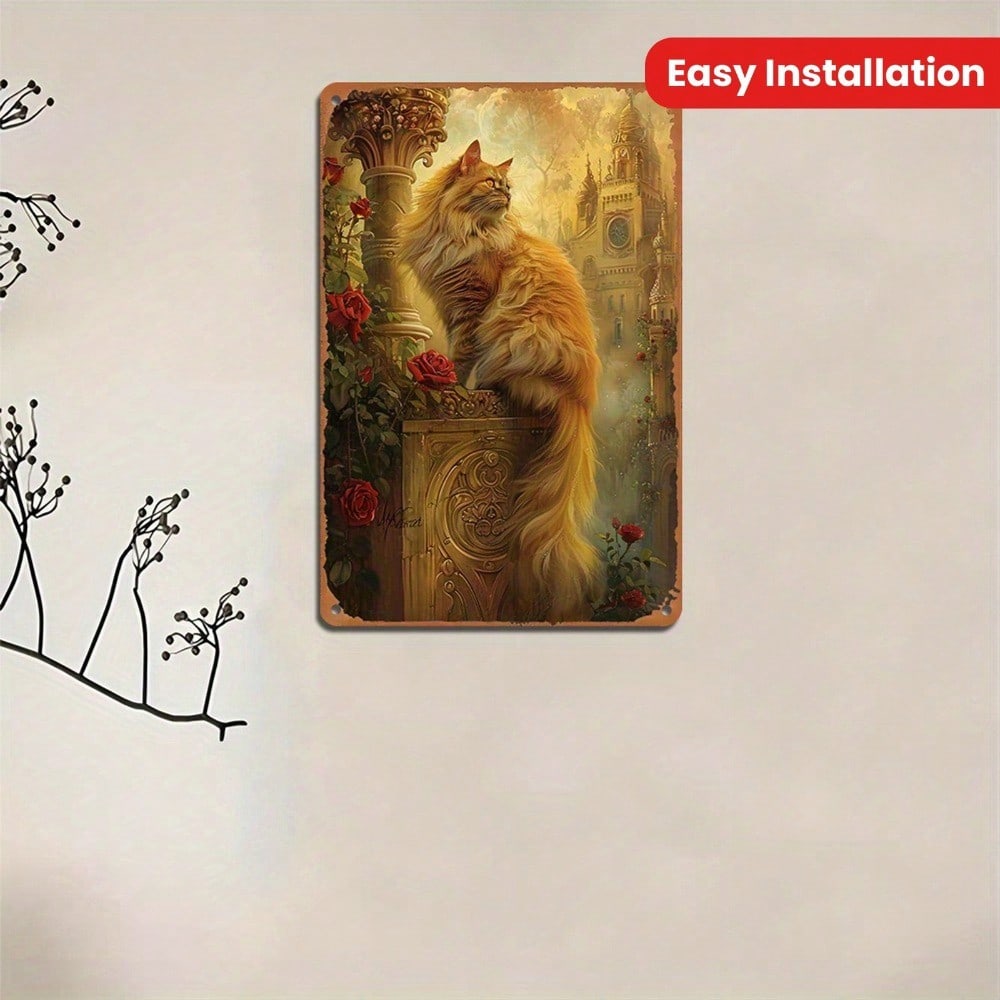 

Metal Wall Art Poster, Vintage Tin Sign with Cat and Flowers, Decor for Kitchen or Garden