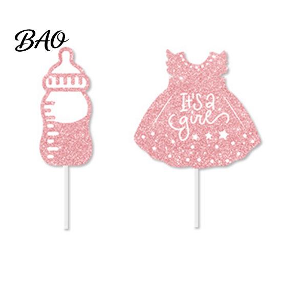 Cupcake Toppers 12Pcs Boy Girl Birthday Cake Toppers, Baby Themed Picks with Glitter Paper Theme Bottle, Stroller, Bow, Suit, Cardboard for