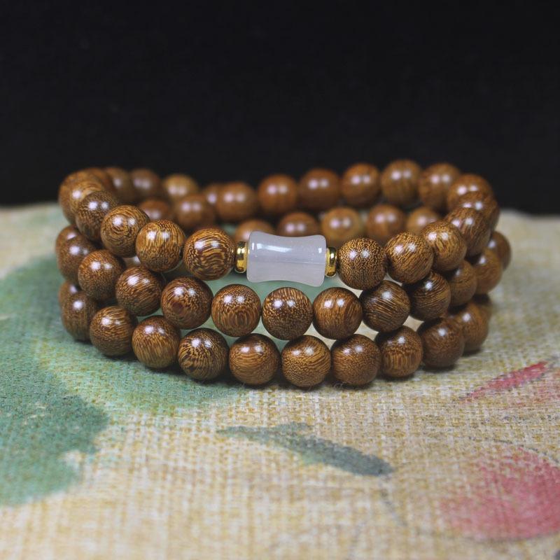 Браслет из бусин Сандал Золотой 8 мм, Три петли, с декором из бамбука, Простое буддийское украшение для мужчин и женщин