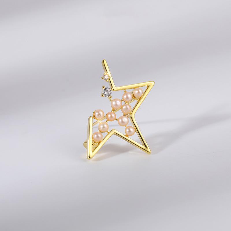 Elegant Five-Pointed Star Pearl & Zircon Brooch - Fashionable Clothing Accessory