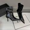 High-heeled short boots in the autumn and winter of 2025, new European and American versatile pointed patent leather retro thin boots, thin-heeled red