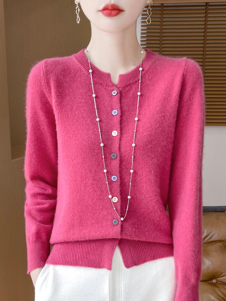 Women's 2024 Pure Wool Knit Cardigan - Round Neck, Long Sleeve, Versatile Base Layer