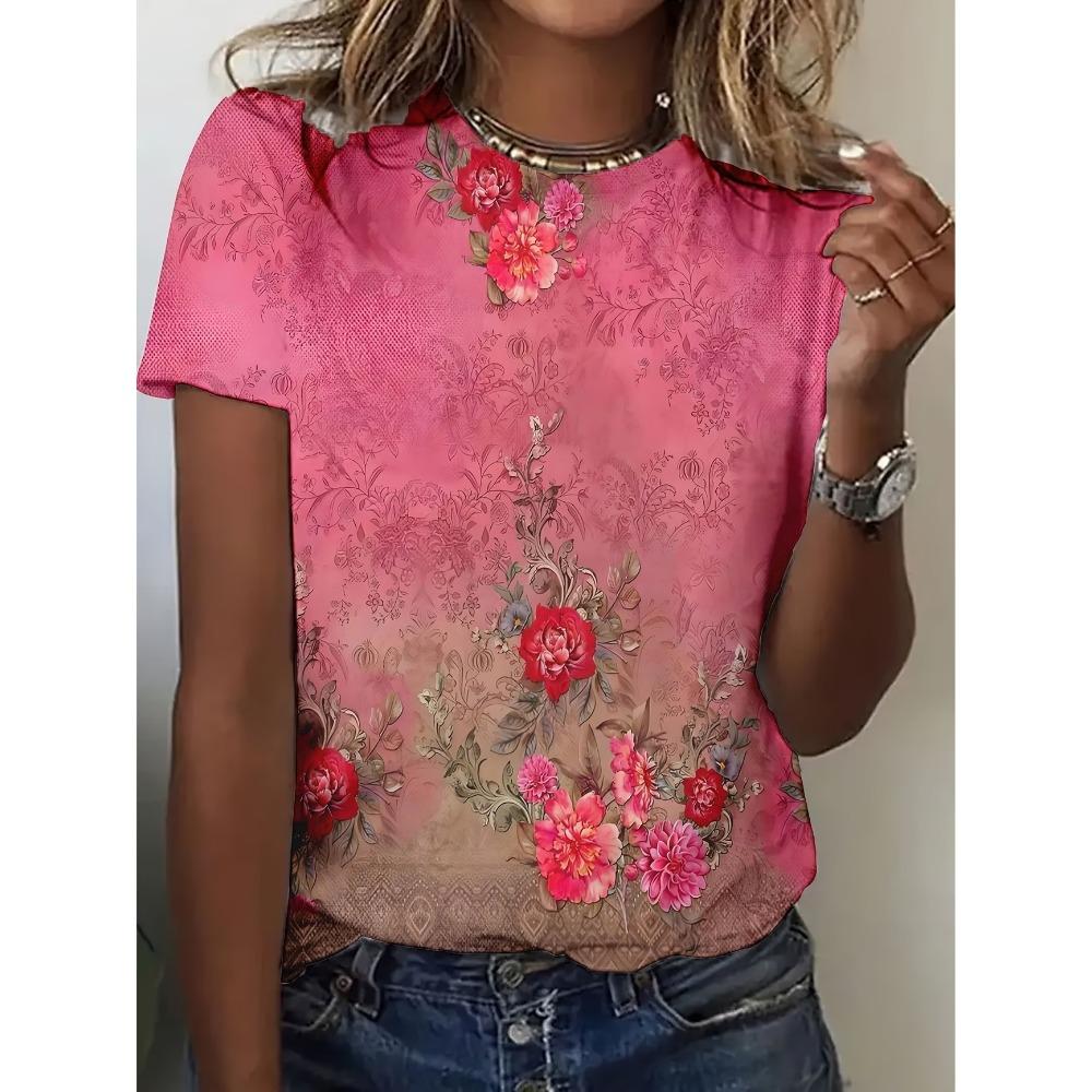 Elegant retro floral printed T-shirt 2XS