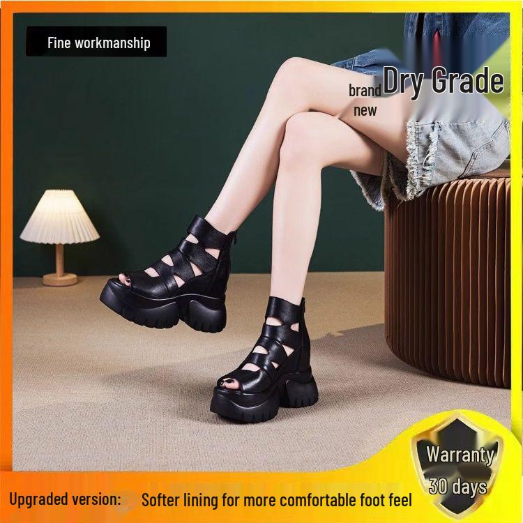 

2025 Summer Soft Leather Platform High Heel Sandals - Versatile, Casual, Thick Sole, Hollow-Out Roman Style for Women 39