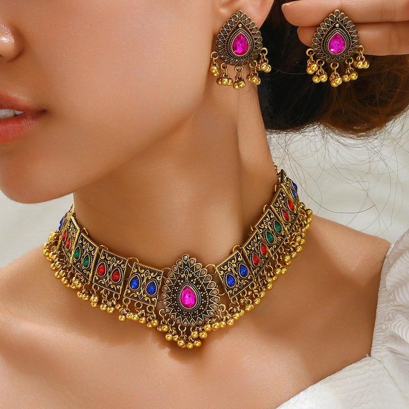 New Fashion Indian Bollywood Traditional Crystal Wedding Temple Choker Necklace Earrings Zircon Set