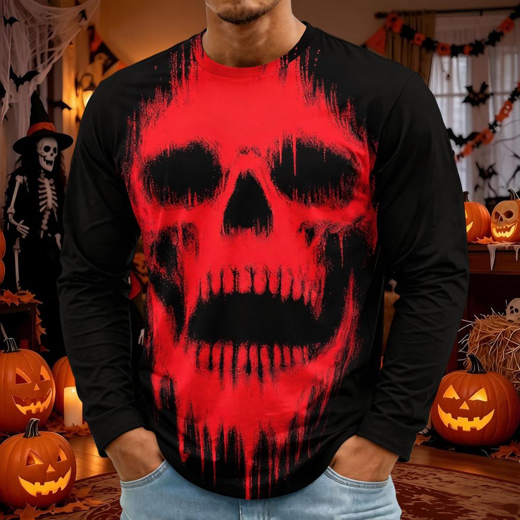 Men's Halloween Print Long Sleeve Round Neck T-Shirt Fashionable Top
