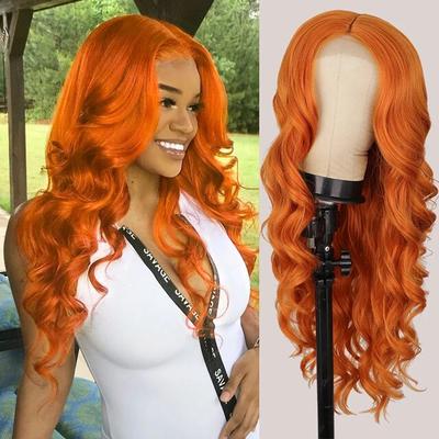 Lange bølgete ingefær-oransje parykker Syntetiske blonde-parykker for kvinner Highlight Svart Brun Midtskill Parykk Cosplay Hår