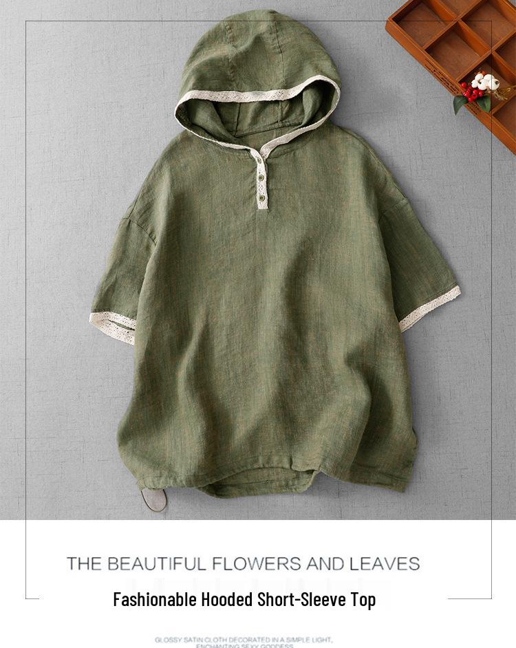 Plus Size Women's Casual Retro Cotton-Linen Short-Sleeve Hooded Top