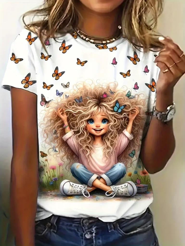 Girl Clothes Cute Cartoon Girl 3D Print Summer Casual Short Sleeve Fashion O-Neck Kids Top Trendy Streetwear Children's Clothing