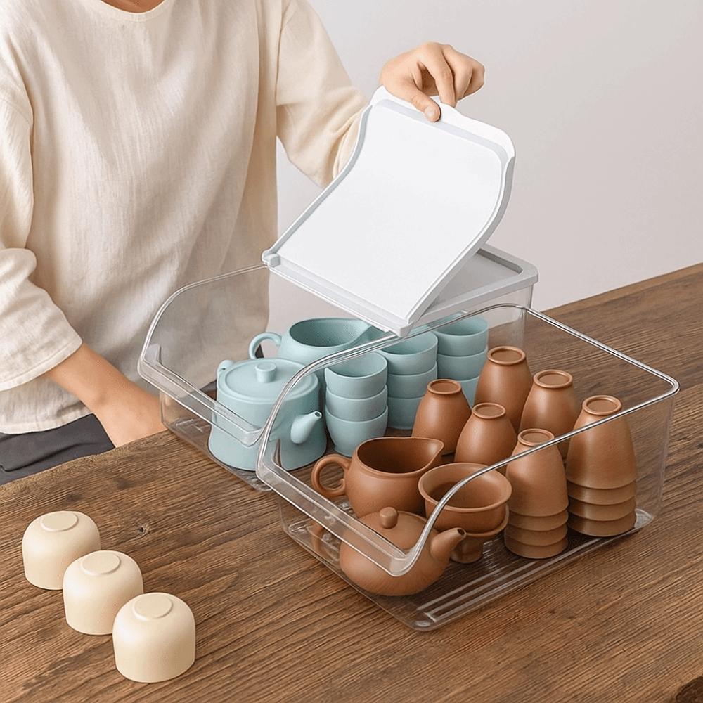 Plastic Tea Set Storage Box Dustproof Large Capacity Clear Storage Container Clamshell Design Stackable Cup Storage Box
