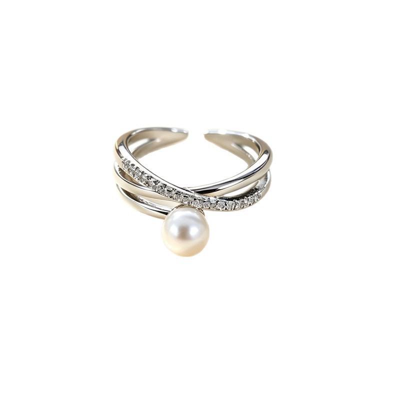 BF CLUB 925 Sterling Rings for Women Simple Geometric Handmade Irregular Pearl Zircon Ring Allergy For Birthday Gift