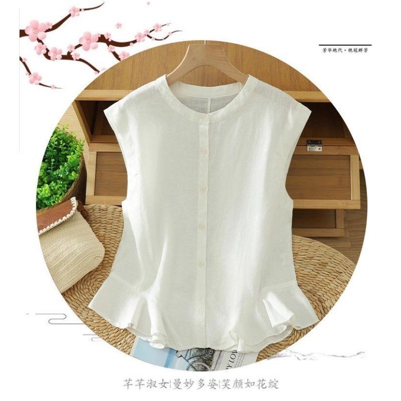 Ruffled Hem Cotton and Linen Sleeveless Shirt for Women Summer Design Thin Waistcoat Vest Flying Sleeve Cardigan Top