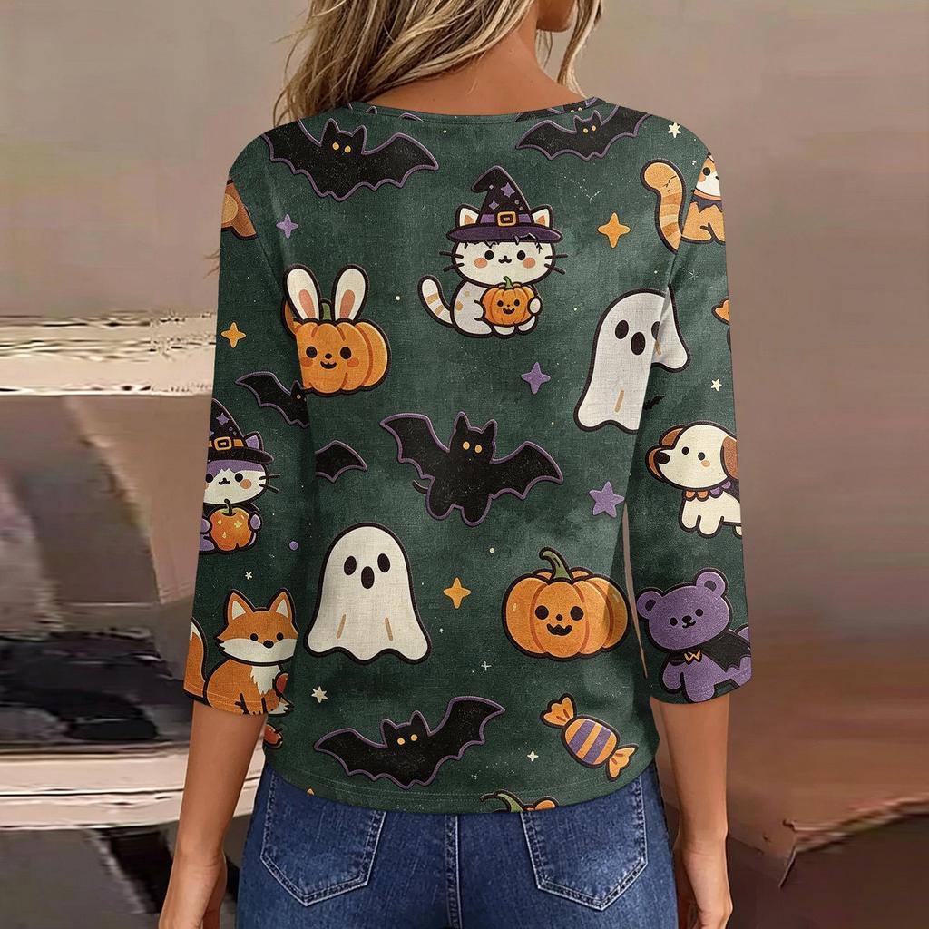 Lady's fashionable casual V-neck buttoned Halloween print three-quarter sleeve