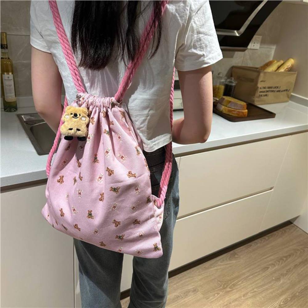 New Cute Print Little Bear Backpack Solid Color Drawstring Backpack Storage Bag