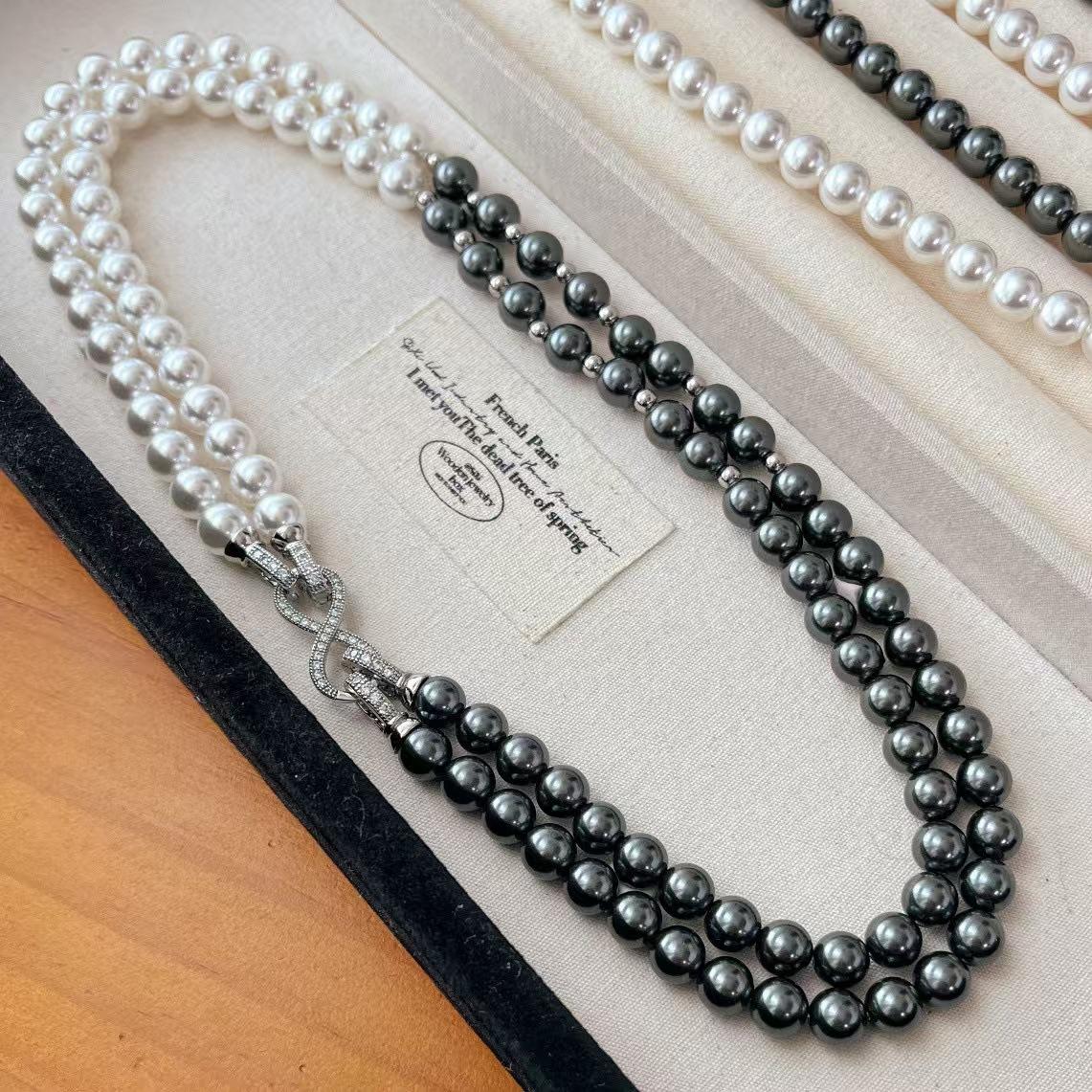 

Retro High-Quality High-Gloss Perfect Circle Artificial Crystal Pearl Black And White Contrasting Color Double-Layer Removable Necklace