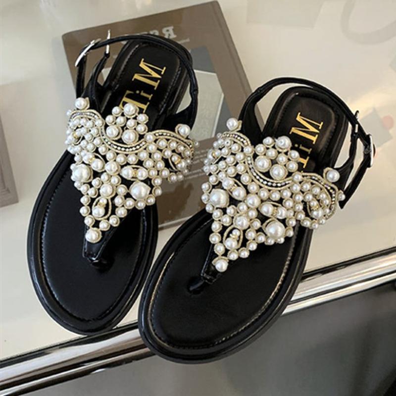 Fashion Luxury String Bead Buckle Design Flat Slippers Women Sexy Clip Toe Back Strap Flip Flops Comfort Soft Bottom Brand Beach Sandals