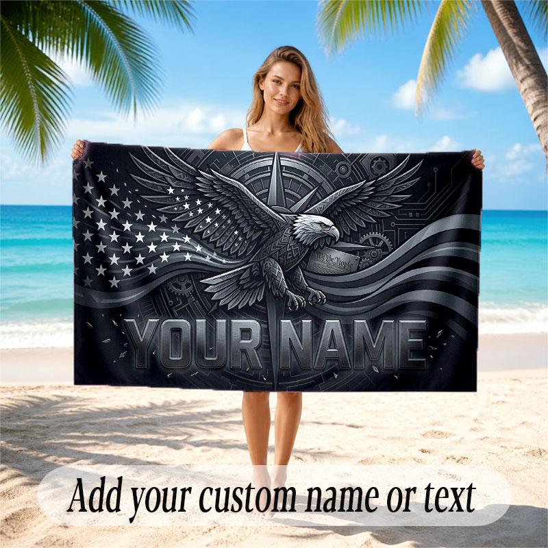 American Patriotic Theme Soft Beach Towel Personalized Custom Name Text Towel Portable for Beach Pool Travel