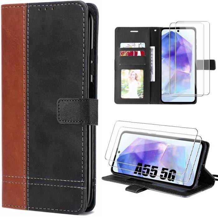 Coque de protection - BOOLING - pour Samsung Galaxy A55 5G - Noir Marron - Avec porte-cartes - 2 Verres trempés