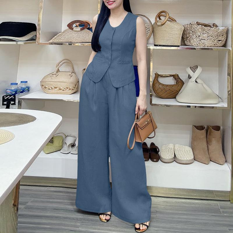 ZANZEA Women Sleeveless Vest Tops and Pants Casual Two Piece Suit Sets