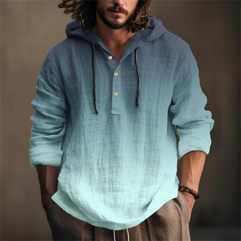 Camicia da Uomo Stampata in Cotone e Lino con Cappuccio a Maniche Lunghe con Cappuccio Primavera ed Estate Casual da Indossare Tutti i Giorni